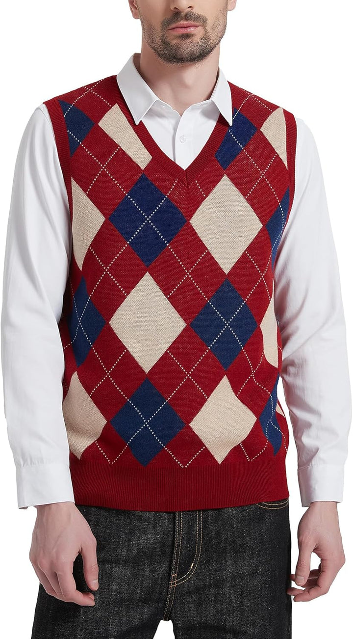 Kallspin Herren Argyle Gestrickt Ärmellos Pullover Wollmischung V-Ausschnitt Strickwesten S Burgunde