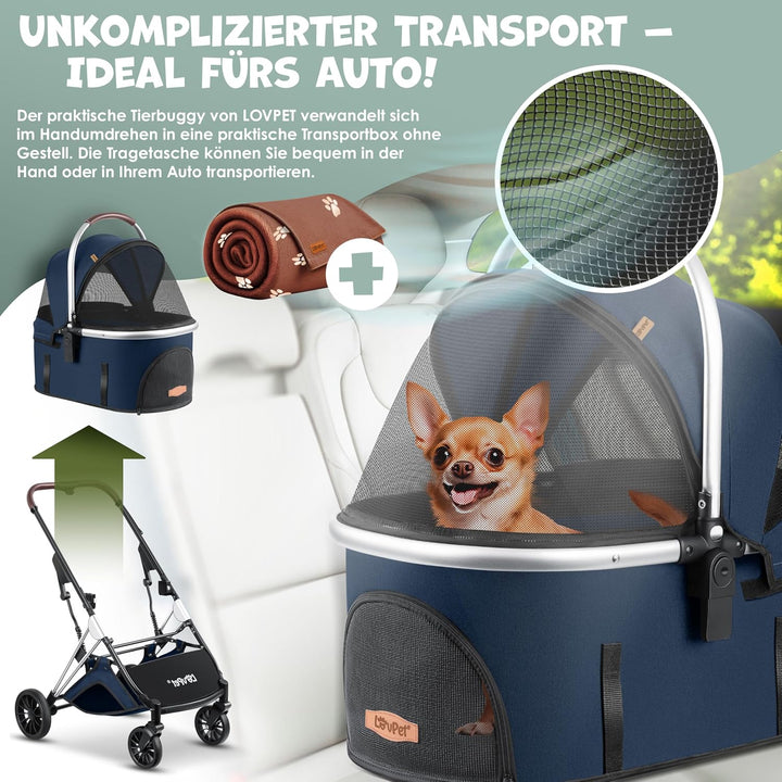 LOVPETยฎ Hundewagen 3in1 Hundebuggy Hundebox Transporttasche 360ยฐ Grosse Rรคder Faltbar klappbar Haust