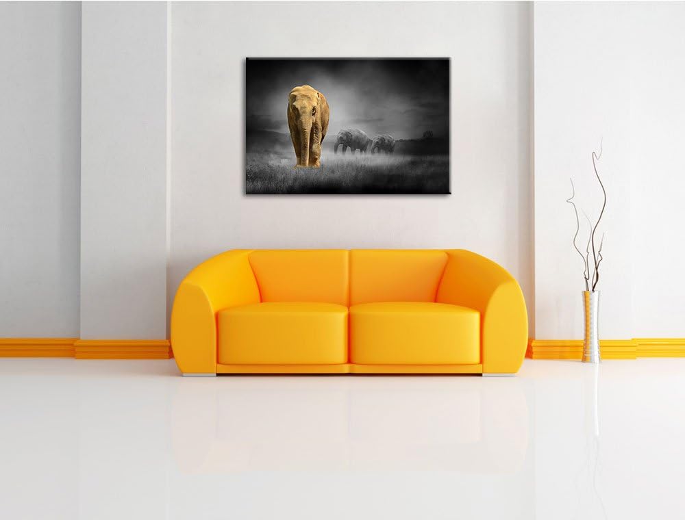 Elefanten in Steppe schwarz/weiss Format: 100x70 auf Leinwand, XXL riesige Bilder fertig gerahmt mit