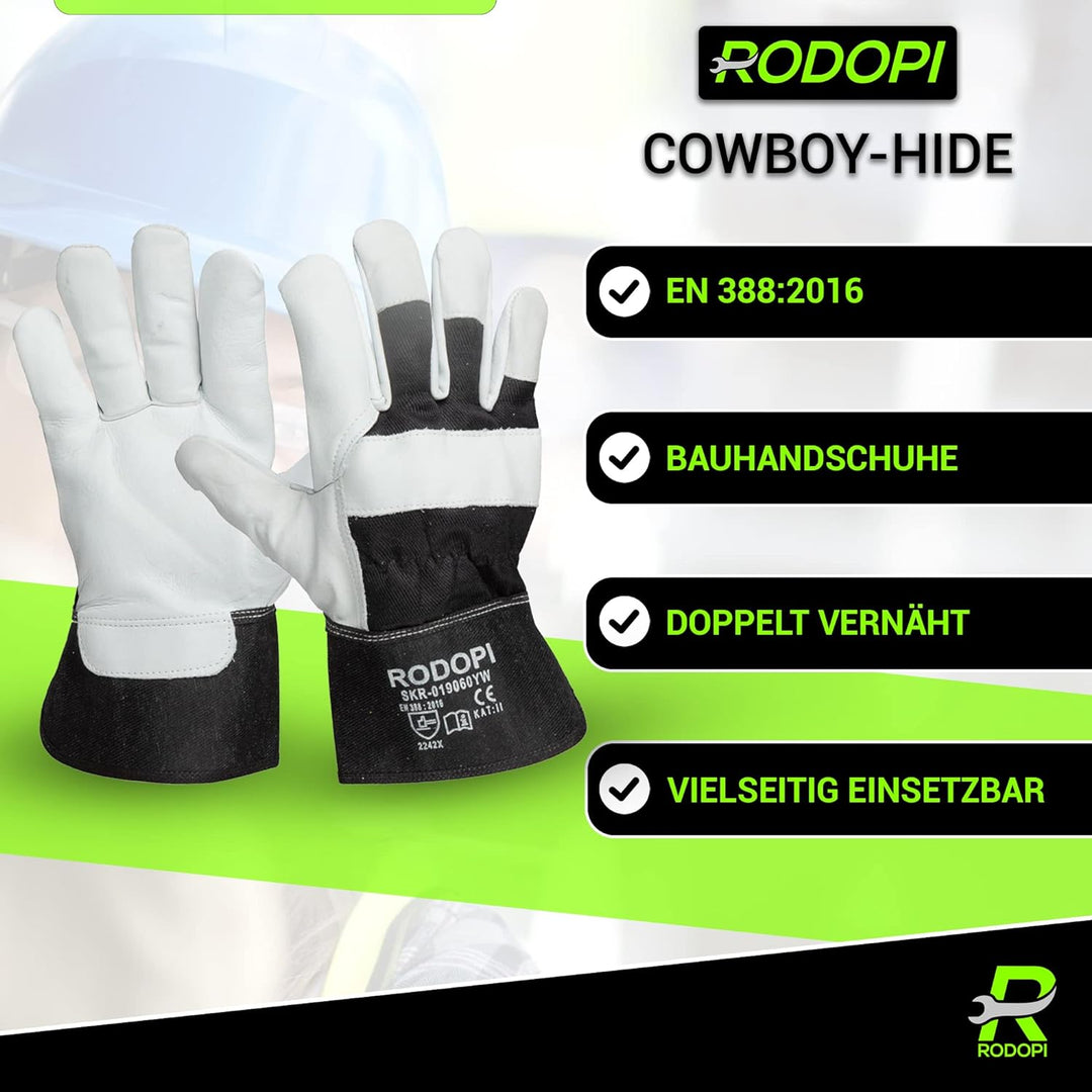 RODOPI Cowboy-Hide Arbeitshandschuhe Leder für Herren und Damen Bauhandschuhe Gr.8-11 Rindvollleder