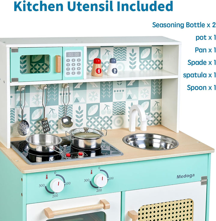 Holz Küche Spielset, Kleinkind Küche Set für Alter 3-6 Pretend Play Küche mit echten Lichtern und So