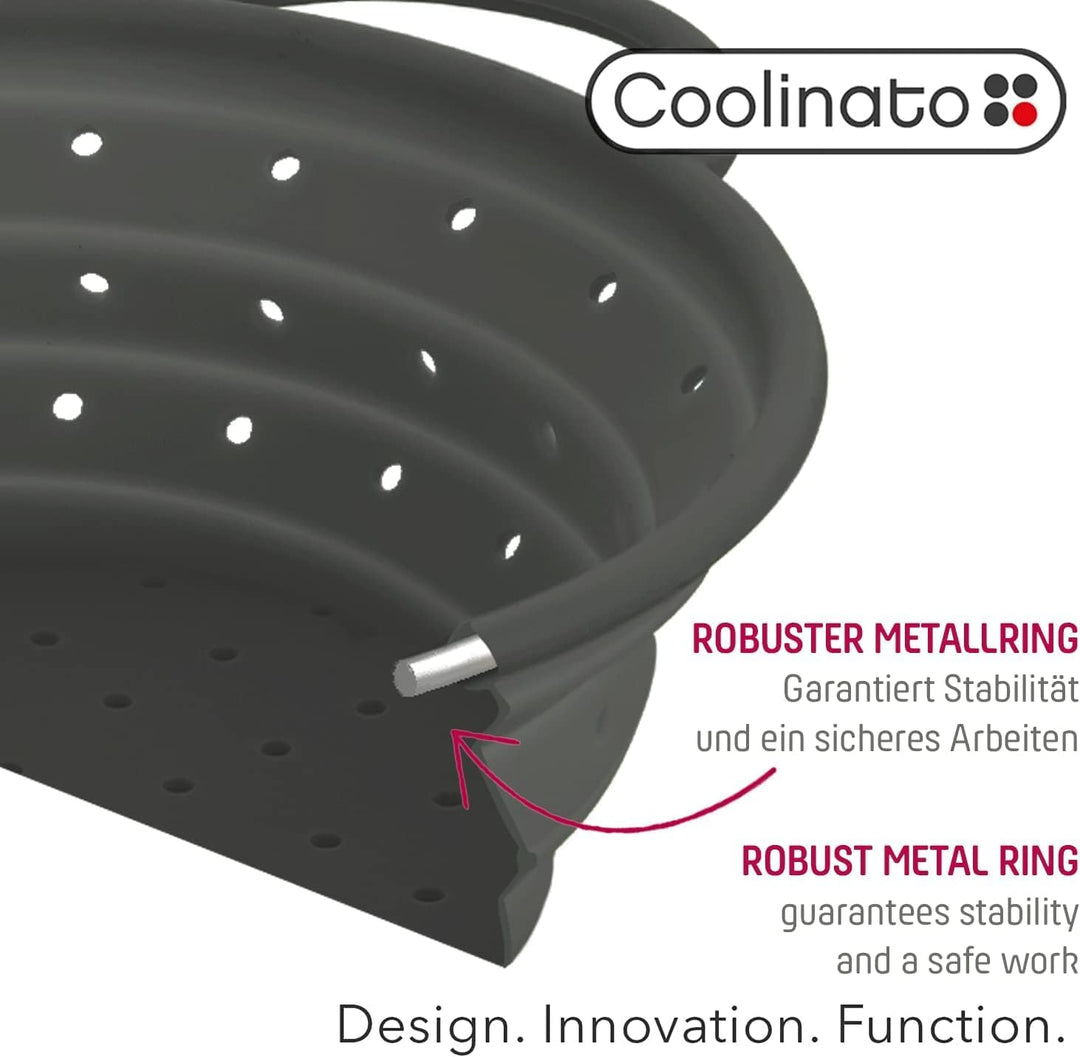 Coolinato – Silikonsieb faltbar 3er Set 16/20/ 24cm Grau – Nudelsieb zum abseihen - Küchensieb spülm