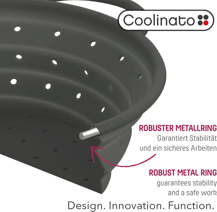Coolinato – Silikonsieb faltbar 3er Set 16/20/ 24cm Grau – Nudelsieb zum abseihen - Küchensieb spülm