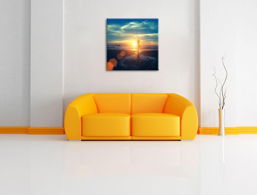 Pixxprint Yoga Silhouette am Strand als Leinwandbild/Grösse: 70x70 cm/Wandbild/Kunstdruck/fertig bes