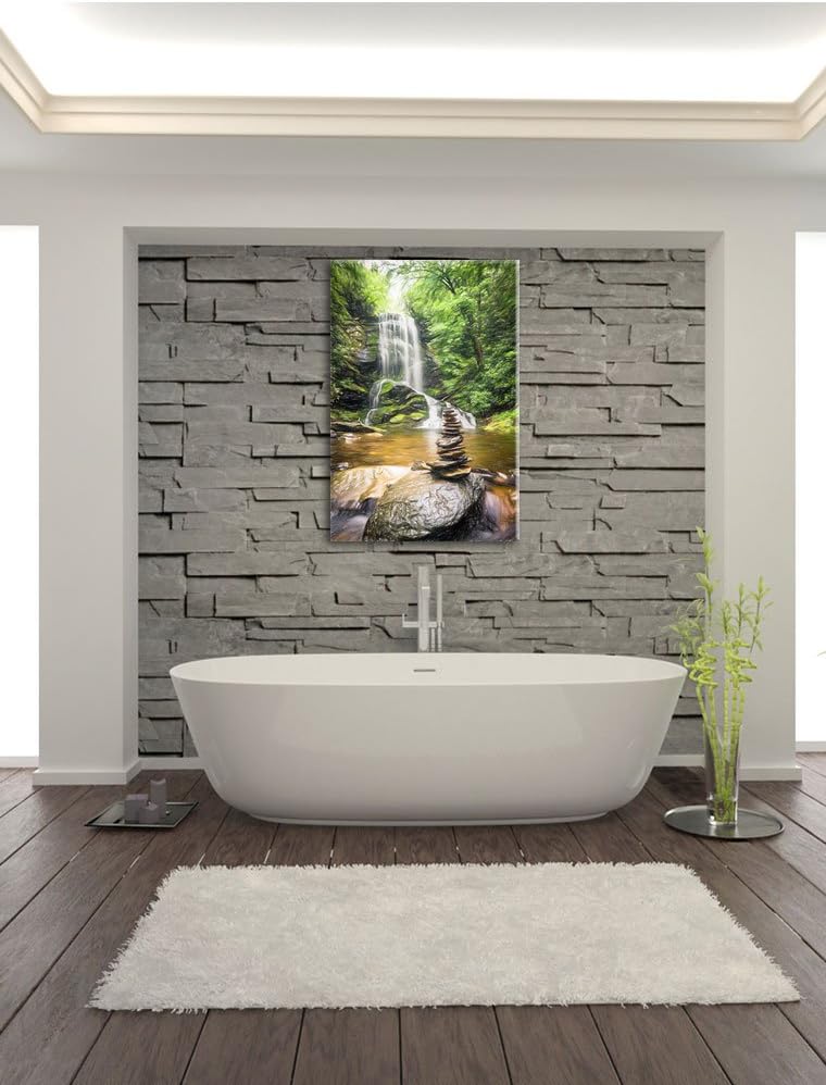 Pixxprint Zen Steine vor Wasserfall Kunst Buntstift Effekt, Format: 100x70 auf Leinwand, 100x70