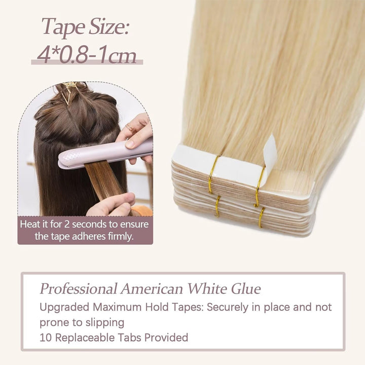 TESS Tape Extensions Echthaar #60 Weissblond 50 cm Klebeband Haarverlängerung 20er Pack Glatt Remy T