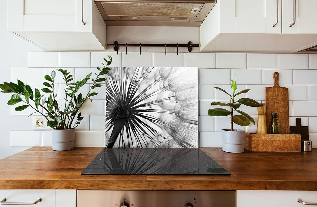 Schöne Pusteblume Herdabdeckplatte & Spritzschutz aus Echtglas | Für Herd-Kochfelder | 60x52 cm