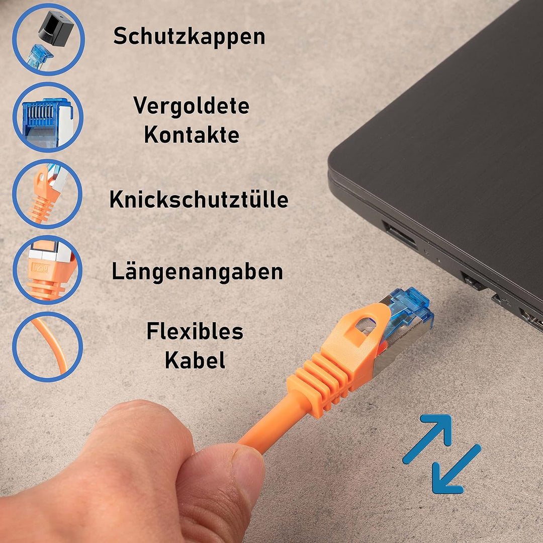 BIGtec 50m CAT.7 Patchkabel Netzwerkkabel Gigabit Patch DSL LAN Ethernet Kabel orange Kupferkabel do