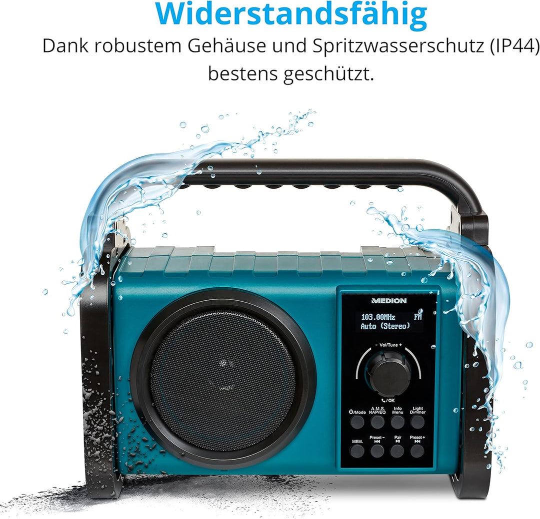 MEDION E66045 DAB+ Baustellenradio (Robustes Gehäuse, Spritzwassergeschützt (IP44), Bluetooth 5.0, P