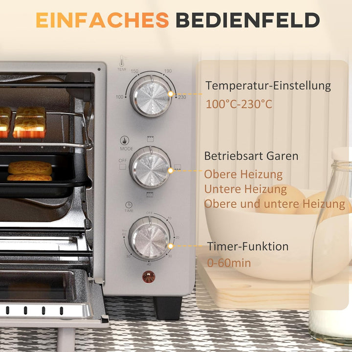 HOMCOM Minibackofen 21L mit 1 Drahtgestell und 1 Backblech 3 Kochmodi 100 °C-230 °C einstellbare Tem