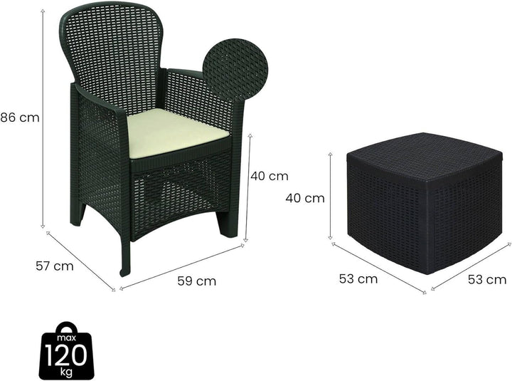 Dmora Gartenset mit Kissen, 2 Sesseln und 1 Outdoor-Container-Tisch, Made in Italy, Farbe Anthrazit