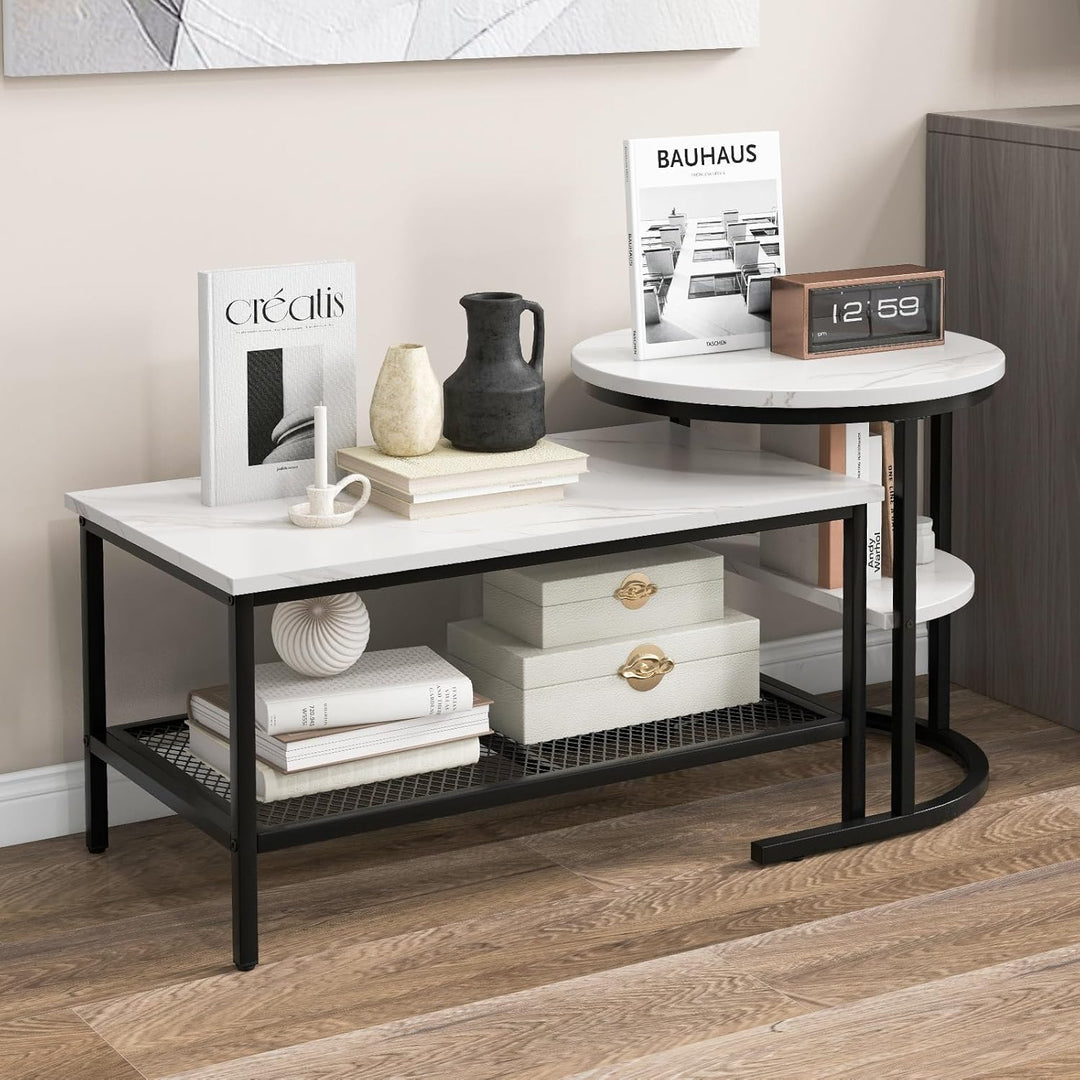 COSTWAY 2er Set Couchtisch, Beistelltisch Marmor Optik mit Metallrahmen & Ablage, Kaffeetisch Wohnzi