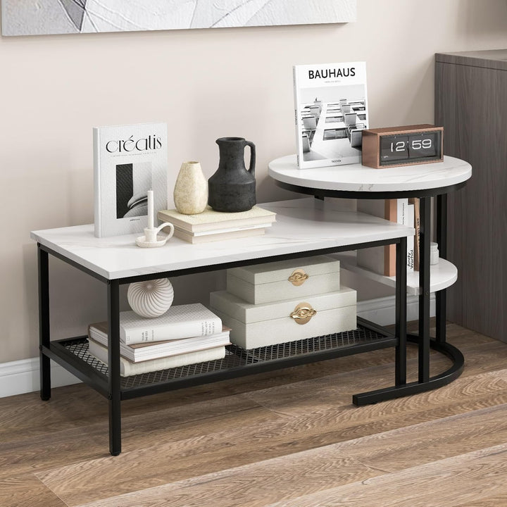 COSTWAY 2er Set Couchtisch, Beistelltisch Marmor Optik mit Metallrahmen & Ablage, Kaffeetisch Wohnzi