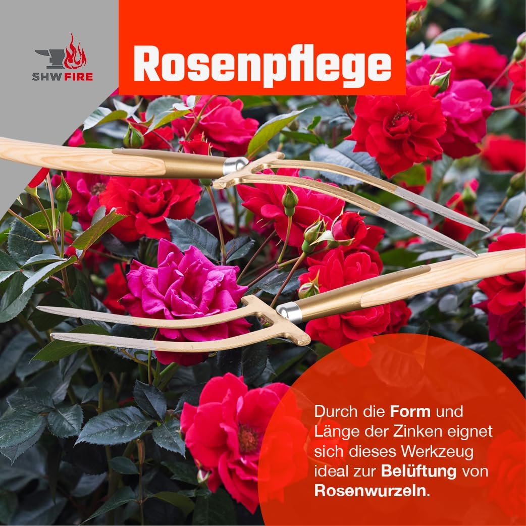 SHW-FIRE 59046 Rosengabel Bajonettzinken Stahl Handgeschmiedet Geschmiedet mit Stiel Holzstiel 85 cm