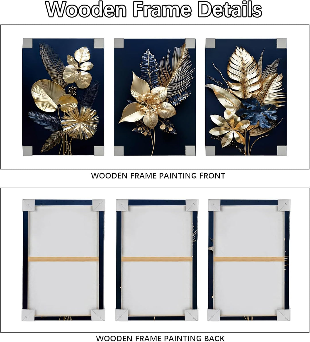 3 Panels 3D Marineblaue Goldblumen Mit Rahmen Leinwand Bilder Monstera Kokosnuss Blätter Bild auf Le