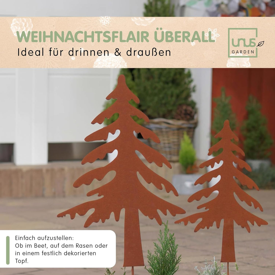 UNUS Gartenstecker Weihnachten Tannenbaum, 2er Set, Metallstecker Garten Rost, Gartendeko Rostoptik,