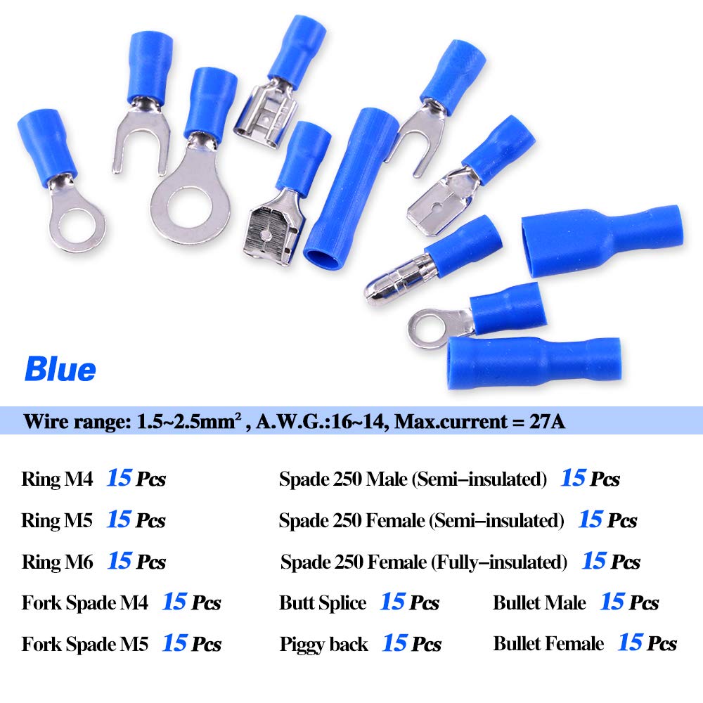 Glarks 540pcs 22-16/16-14/12-10 Gauge Mixed Quick Disconnect Electrical Insulated Butt Bullet Spade