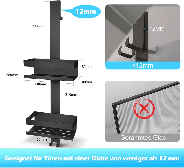 UUlioyer Duschablage zum Hängen, Duschregal aus Edelstahl SUS304 ohne Bohrer für Rahmenlos Glastür,