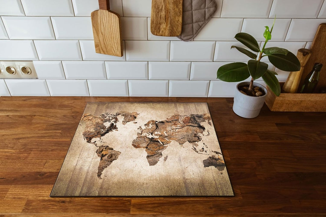 Weltkarte auf altem Holz Herdabdeckplatte & Spritzschutz aus Echtglas | Für Herd-Kochfelder | 60x52