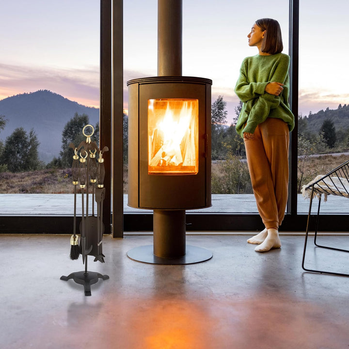 Relaxdays Kaminbesteck 5tlg. Set, Schürhaken, Ascheschaufel, Besen, Zange & Ständer, Eisen, Kamingar