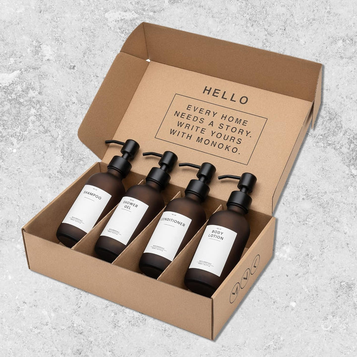 MONOKO 4er Set Seifenspender Braun Matt aus Glas | Shampoo Flaschen zum Befüllen | 250ml Spülmittels