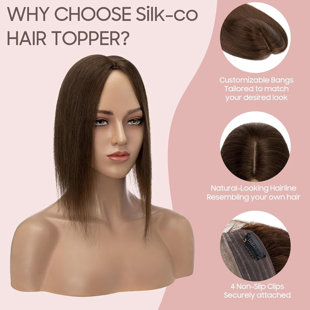 Silk-co Hair Topper Echthaar, 10x12cm Basis Toupet Damen, Haartopper Echthaar mit Remy Seide Basis,