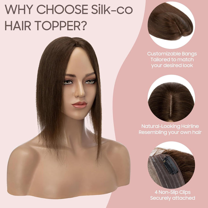 Silk-co Hair Topper Echthaar, 10x12cm Basis Toupet Damen, Haartopper Echthaar mit Remy Seide Basis,