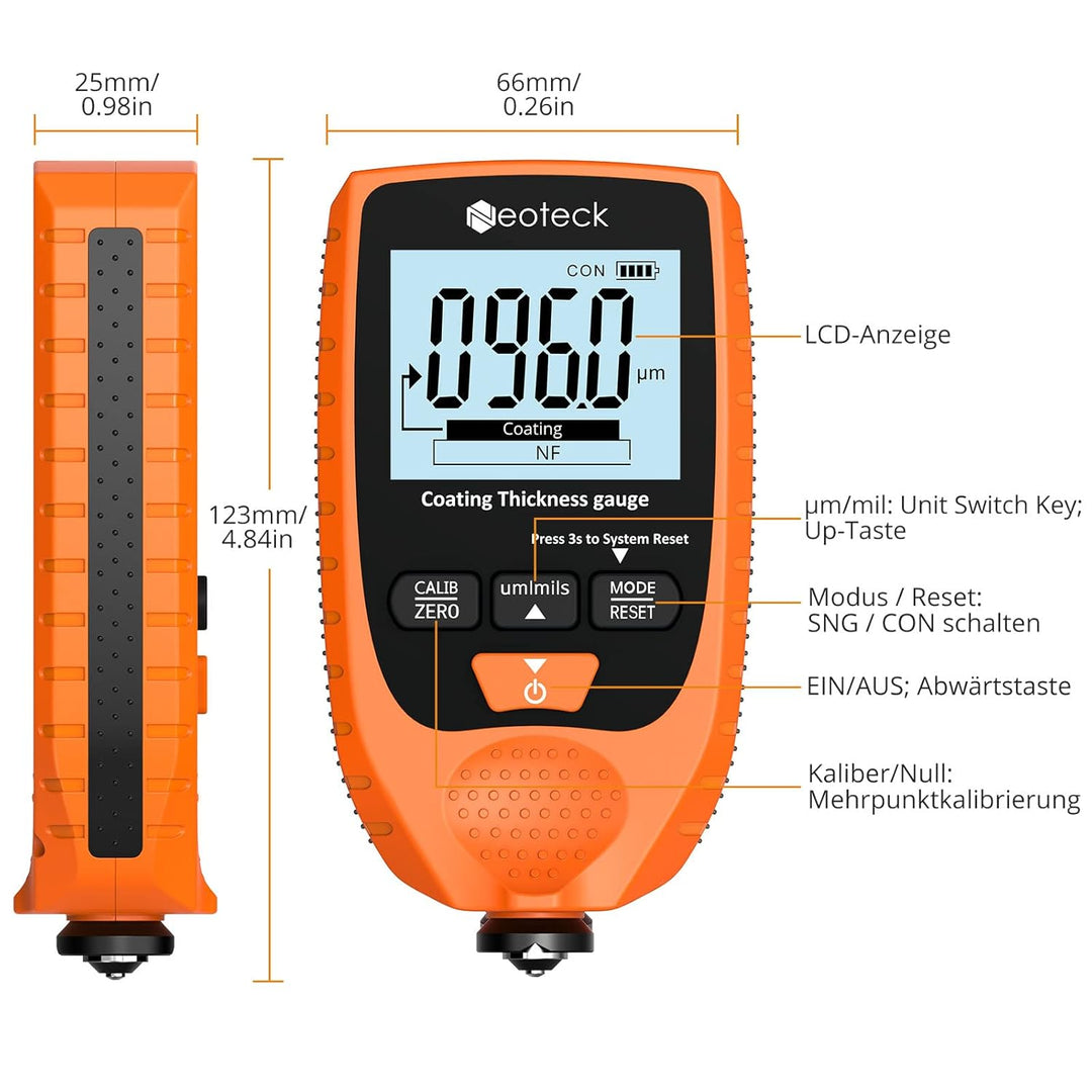 Neoteck Schichtdickenmessgerät Lackdickenmessgerät Auto mit LCD-Display für Stahl- und Aluminium-Bas