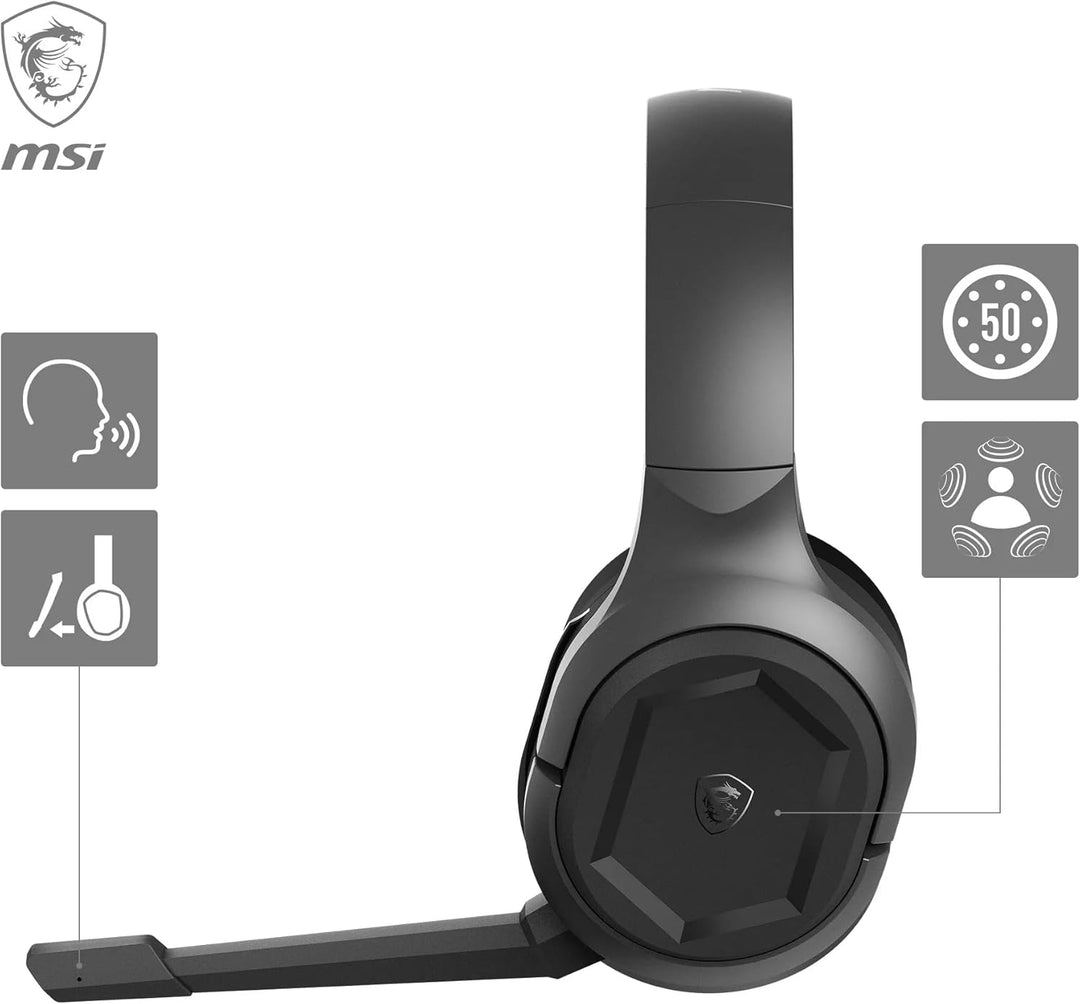 MSI IMMERSE GH50 Wireless Gaming Headset - Kabelose Kopfhörer, 50-mm-Neodym-Treiber mit Bassverstärk