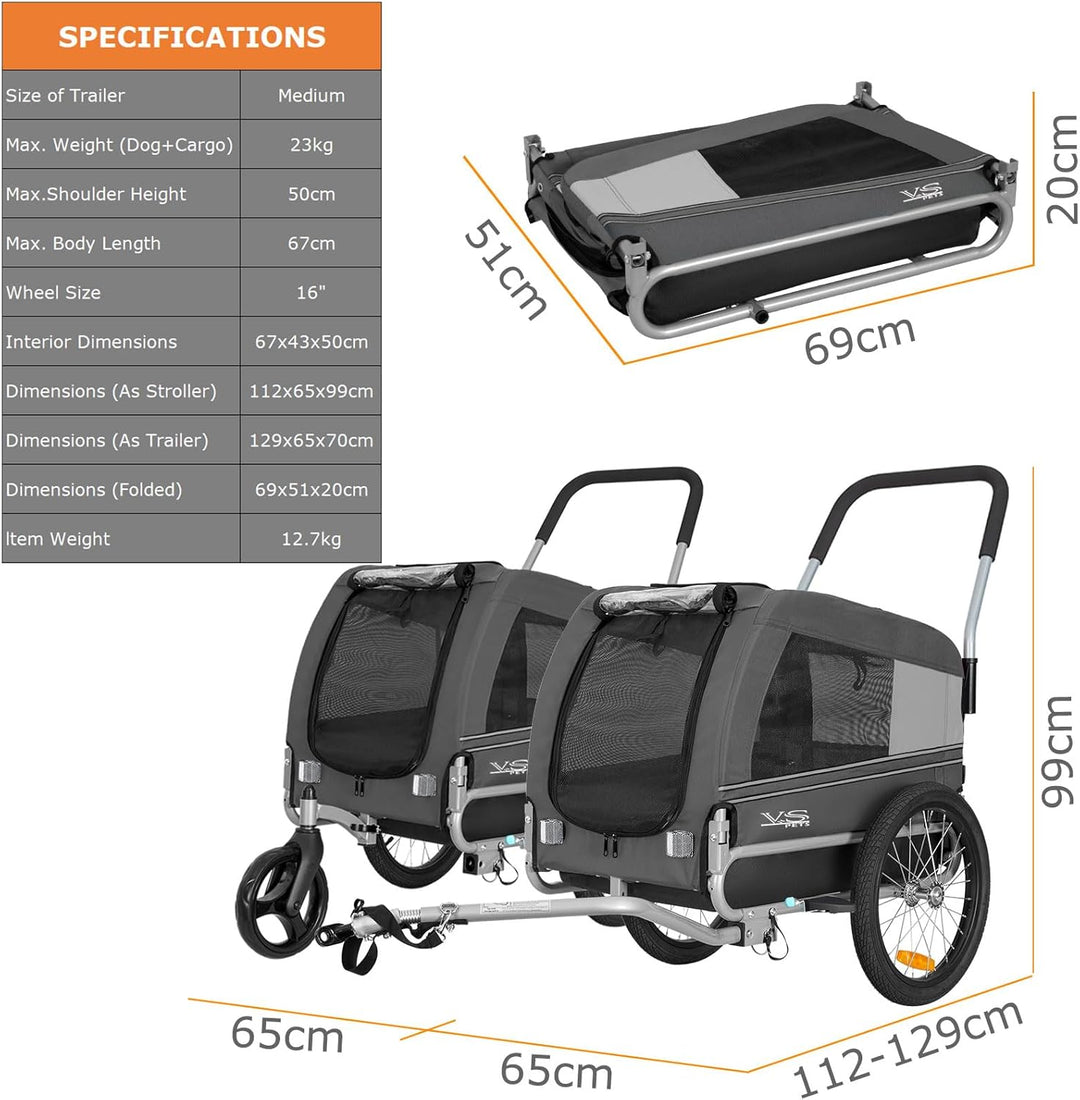 Tiggo VS Pets Medium Hundeanhänger & Buggy 2in1 Fahrradanhänger Hundebuggy Jogger 80204 Grau, Grau