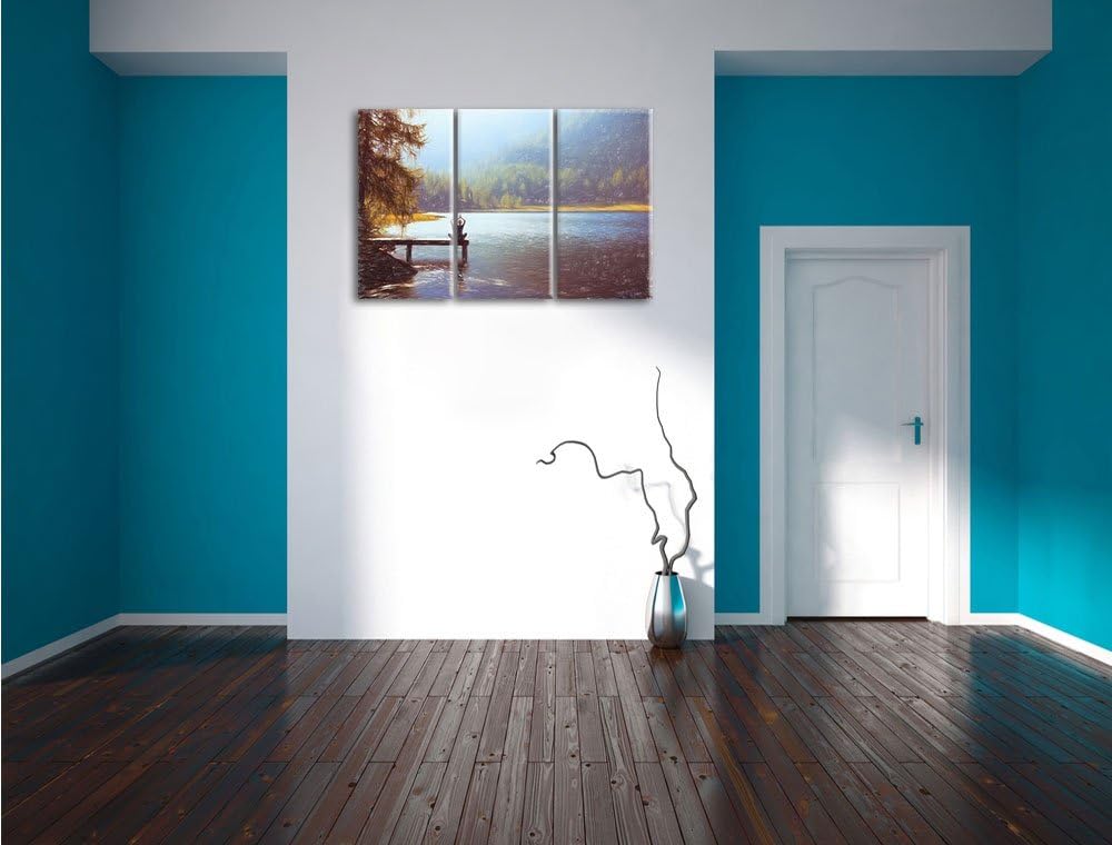 Pixxprint Yoga am See / 3-Teilig/Gesamtmass 120cm Leinwandbild bespannt auf Holzrahmen/Wandbild Kuns
