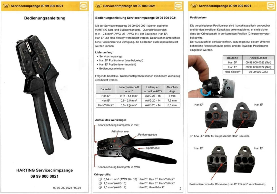 Harting 09990000021 Service-Crimpzange Han D, Han E inklusive Positionierer
