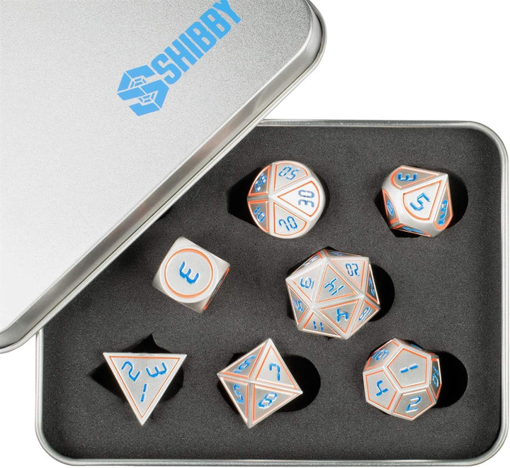shibby 7 polyedrische Metall-Würfel für Rollen- und Tabletopspiele in Digital Optik D1 inkl. Aufbewa