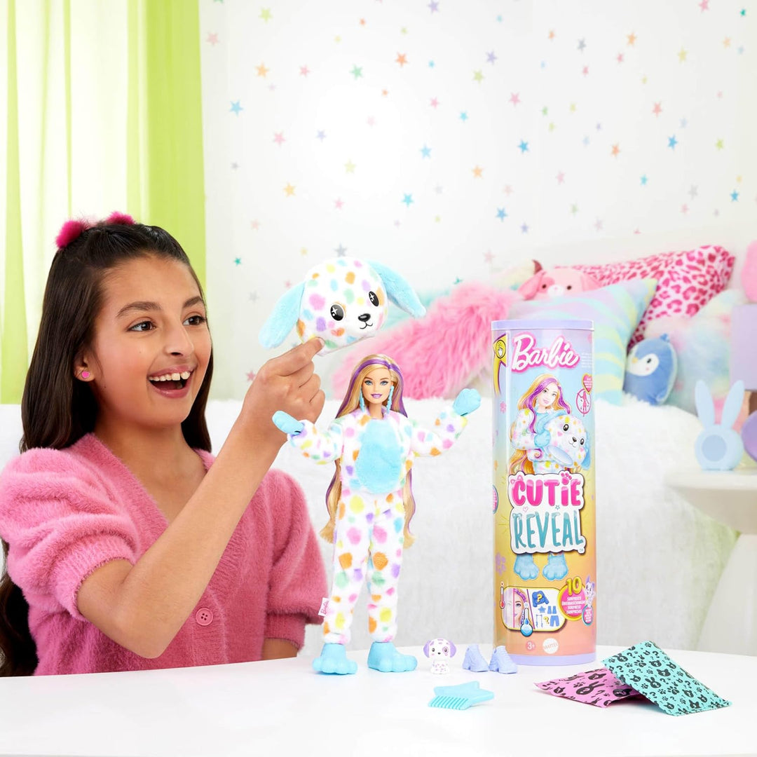 Barbie Cutie Reveal Puppe und Accessoires, Regenbogen-Dalmatiner-Plüschkostüm und 10 Überraschungen