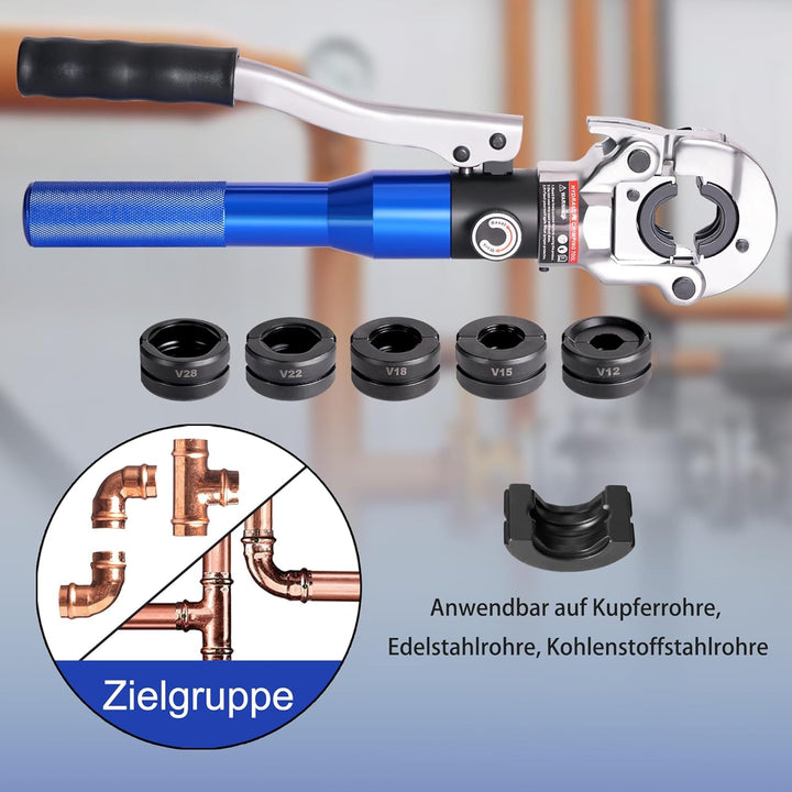 AMZCNC Profi Presszange V-Kontur 12-15-18-22-28 Set Presswerkzeug,für Kupferrohr, C-Stahlrohr und Ed