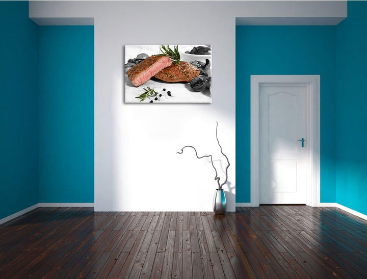 saftiges Medium Steak schwarz/weiss Format: 100x70 auf Leinwand, XXL riesige Bilder fertig gerahmt m