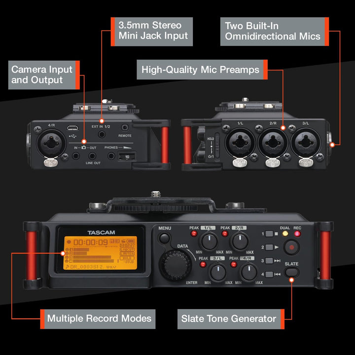 TASCAM Tragbarer 4-Kanal-Audio-Recorder für Videofilmer, 4 Kombi-XLR/TRS-Eingänge, 2 interne Mikrofo