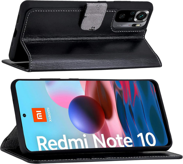 Suncase Book-Style Hülle kompatibel mit Xiaomi Redmi Note 10 Leder Tasche (Slim-Fit) Lederhülle Hand