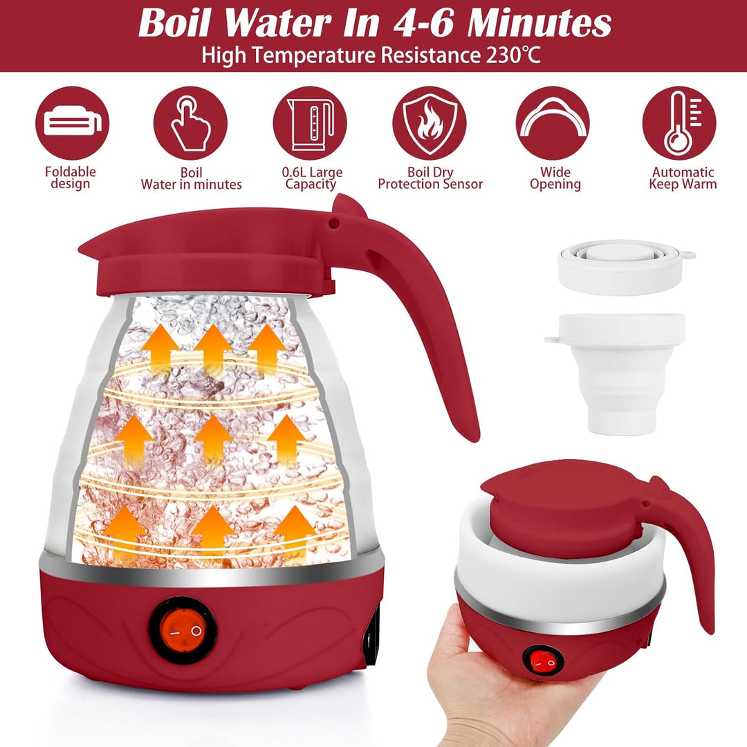 RANJIMA Faltbarer Wasserkessel, 0,6 L Mini Wasserkocher Faltbar Silikon-Camping-Wasserkessel Tragbar