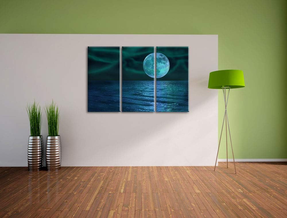 ruhiges Meer mit Vollmond schwarz/weiss 3-Teiler Leinwandbild 120x80 Bild auf Leinwand, XXL riesige