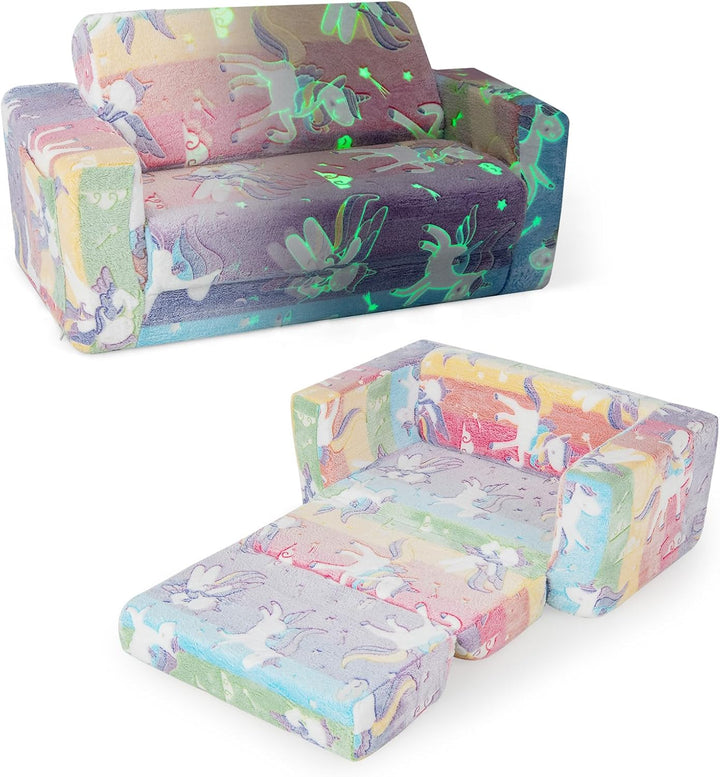 COSTWAY 2 in 1 Kindersessel im Dunkeln Leuchtend, ausklappbares Kindersofa mit abnehmbarem Bezug & S