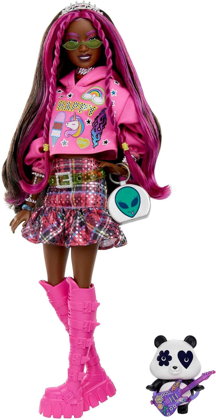 Barbie-Puppe mit Panda, Barbie Extra, Kinderspielzeug, Kleidung und Accessoires, brünettes Haar mit