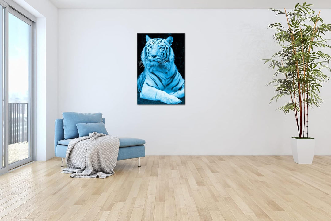 deyoli majestätischer Tiger Format 80x60 Effekt: Monocrome Blau als Leinwandbild, Motiv fertig gerah