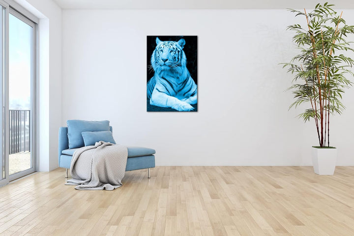 deyoli majestätischer Tiger Format 80x60 Effekt: Monocrome Blau als Leinwandbild, Motiv fertig gerah