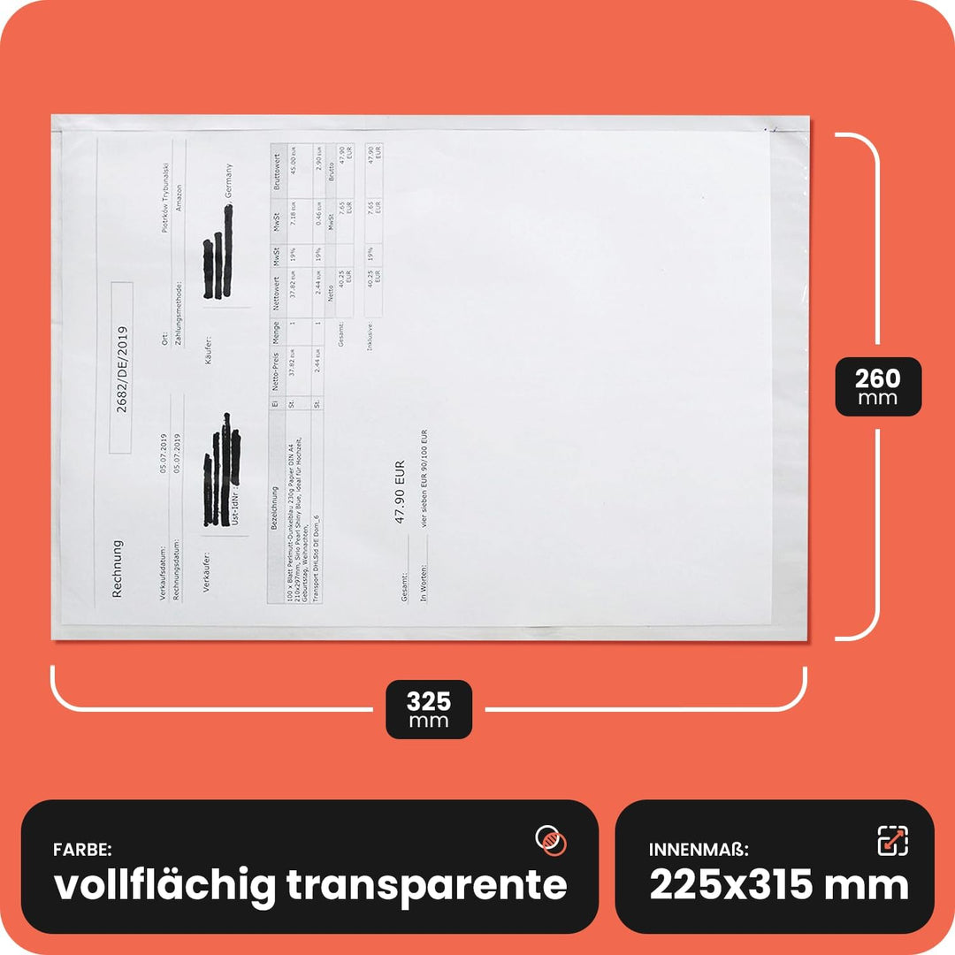 Netuno 250x transparente Lieferscheintasche selbstklebend DIN C4 260x 325 mm Begleitpapiertasche Dok