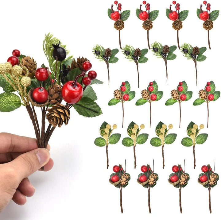 BUZIFU 20pcs Weihnachtsbeeren Picks künstliche Tannenzapfen Weihnachtsdekoration Aussen Weihnachtsbe