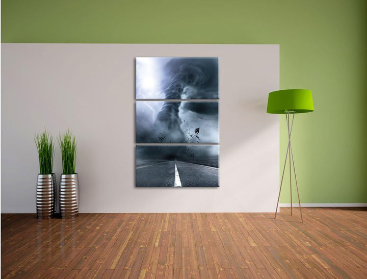 Pixxprint Wirbelsturm auf Highway als Leinwandbild/Grösse: 3 Teilig (120x80) cm/Wandbild/Kunstdruck/