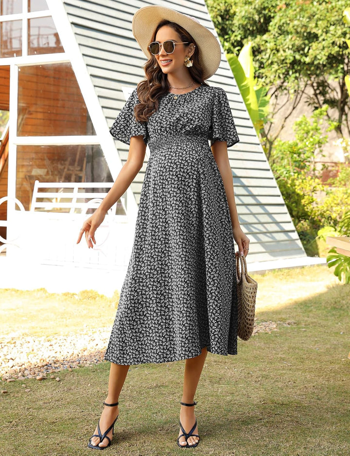 KOJOOIN Damen Umstandskleid Kurzarm Schwangerschafts Bedrucktes Kleid mit Rundhalsausschnitt und Rüs