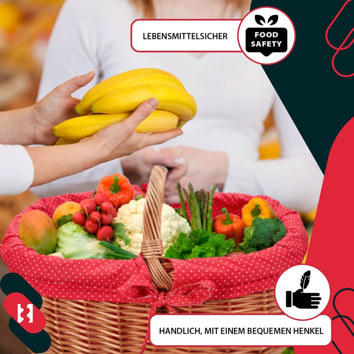 KOTARBAU® Natural Weidenkorb mit Henkel gross | mit Stoffeinlage in Rot | Tragekorb aus Weide Einkau