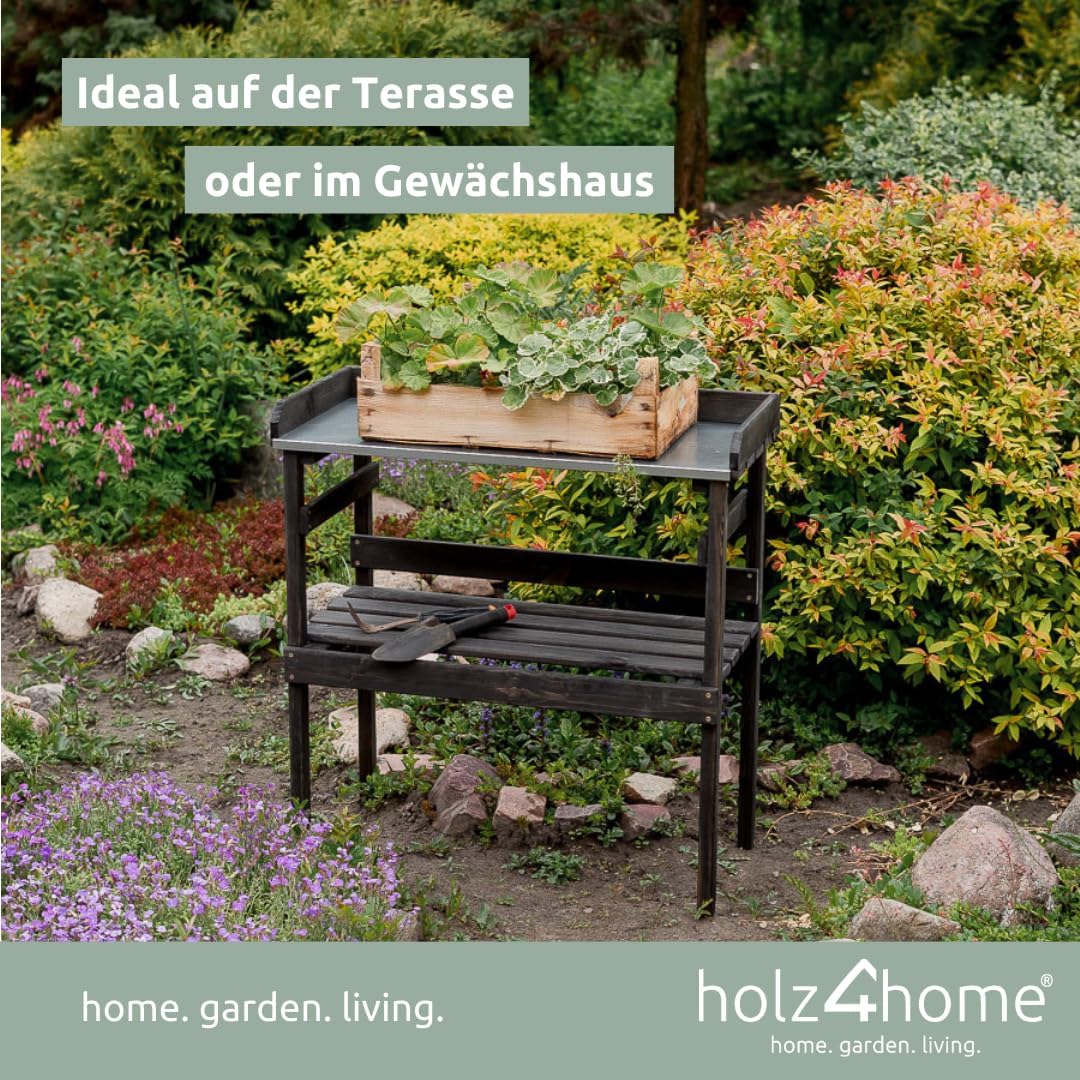 holz4home® Holz Pflanztisch Schwarz mit 2 Ablagen aus Fichtenholz I Tisch für Gartenarbeiten im Inne